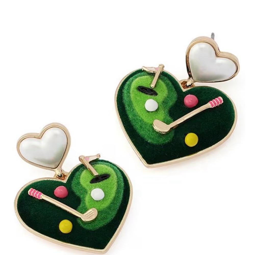 Betsey Johnson Green Heart Golf Motif Drop Earrings with Pearl Hearts